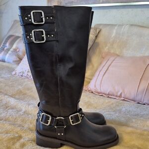 Shoe Dazzle Brown Moto Boots with Silver Buckles 8